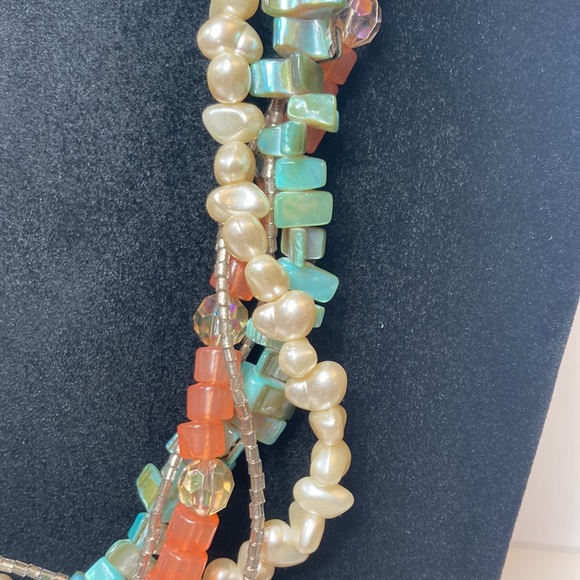 Multi Strand Blue Green Chunk Peach Imitation Pearl Necklace 23" - Picture 3 of 16